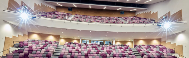 Inside a theatre space at the ICC Wales, view from the stage